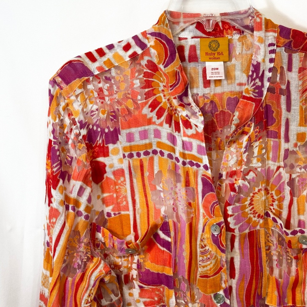 Ruby Rd Plus Size 20W Top Orange Pink Burnout Artsy Summer Coastal Vibrant 1030 - Picture 3 of 9